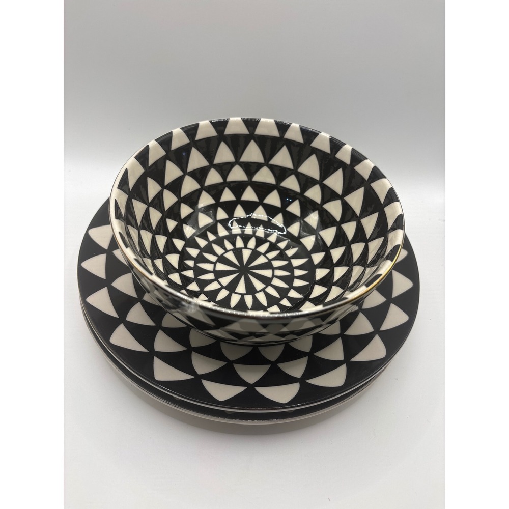 Thyme & Table Stoneware 3 Piece Set Black White Geometric Triangle Bowl Plates